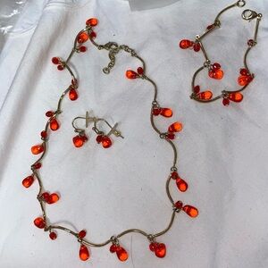 Vintage golden bar red faceted dangle bead necklace bracelet earrings set